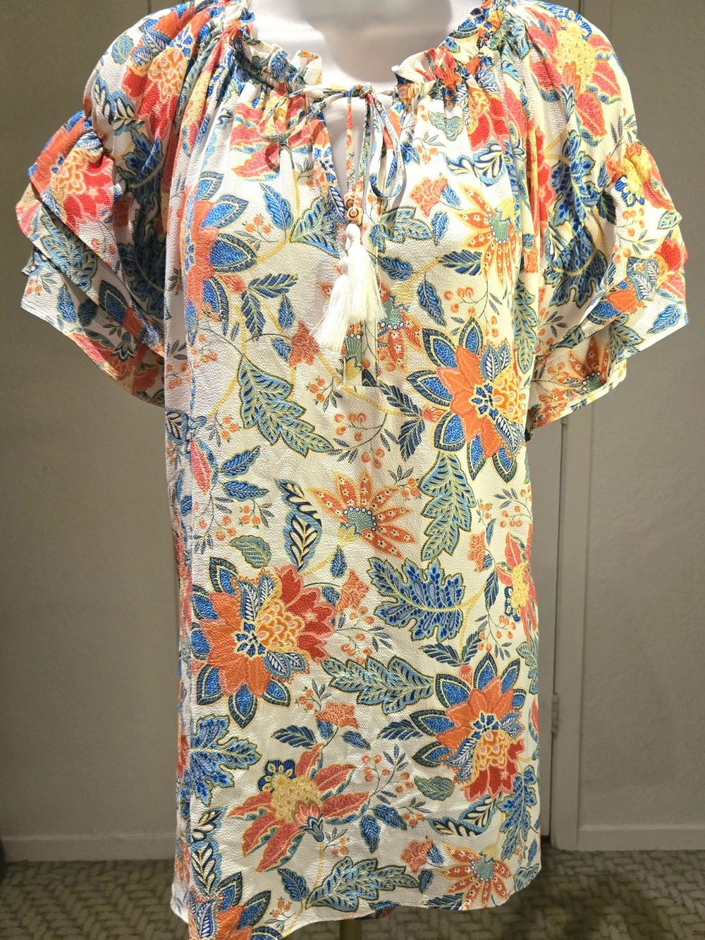 Rose & Olive Floral Tie-Neck Blouse with Blue, Pink & Orange Print
